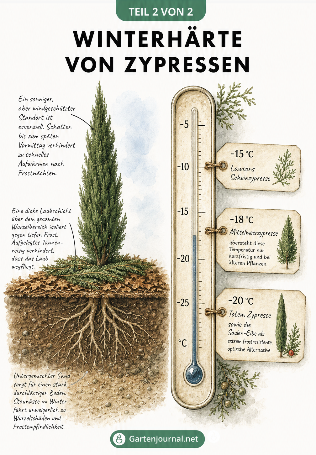 Botanische Skizze einer Zypresse im Terrakotta-Topf an einer Hauswand, mit Erklärungen zum Winterschutz wie Vlies, Stroh und Sackleinen.