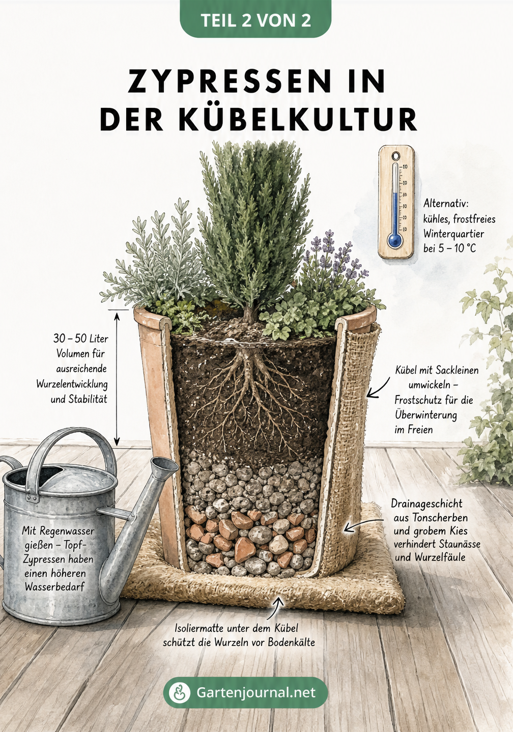 Risszeichnung eines Pflanzkübels mit einer Zypresse, die Drainageschicht, Isoliermatte und Frostschutzmaßnahmen für die Überwinterung zeigt.