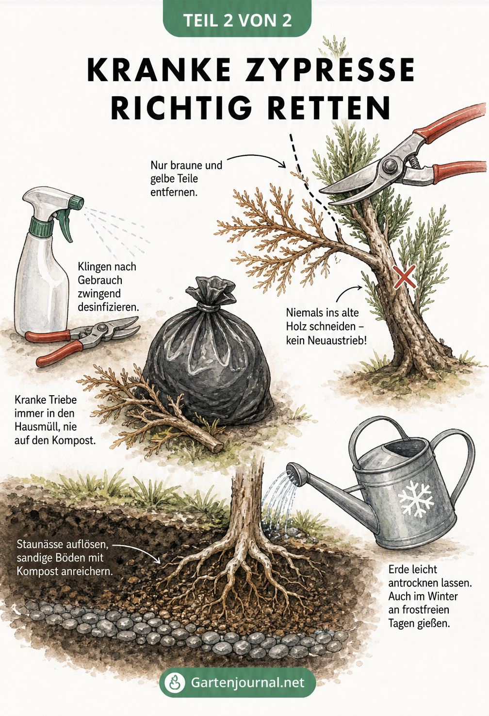 Illustration zur Rettung einer kranken Zypresse mit Gartenschere beim Schnitt, desinfiziertem Werkzeug und Gießkanne über durchlässigem Boden.