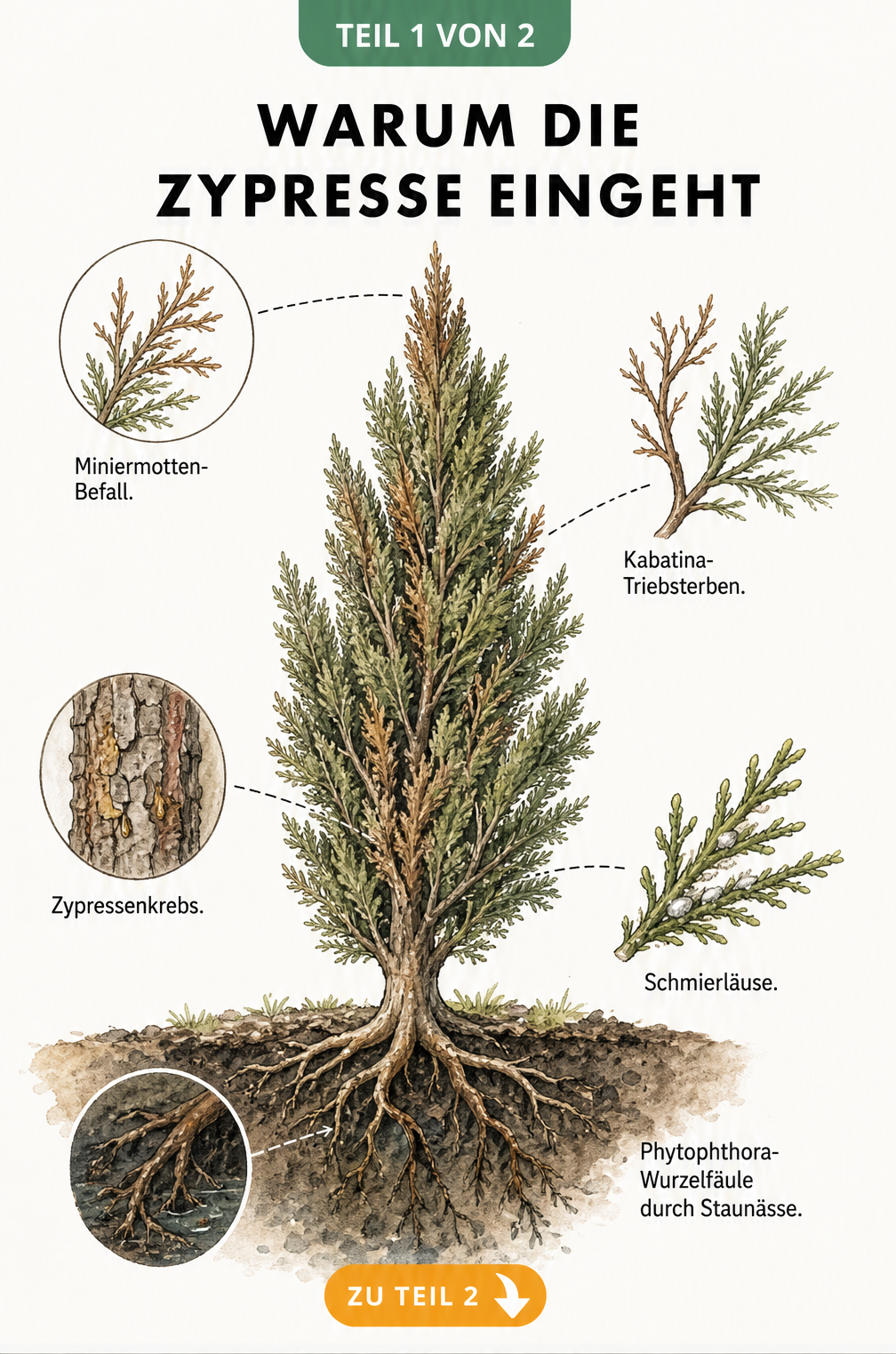 Botanische Illustration einer Zypresse im Querschnitt mit Schadbildern wie braunen Spitzen, abgestorbenen Zweigen, Rissen in der Rinde und faulenden Wurzeln.
