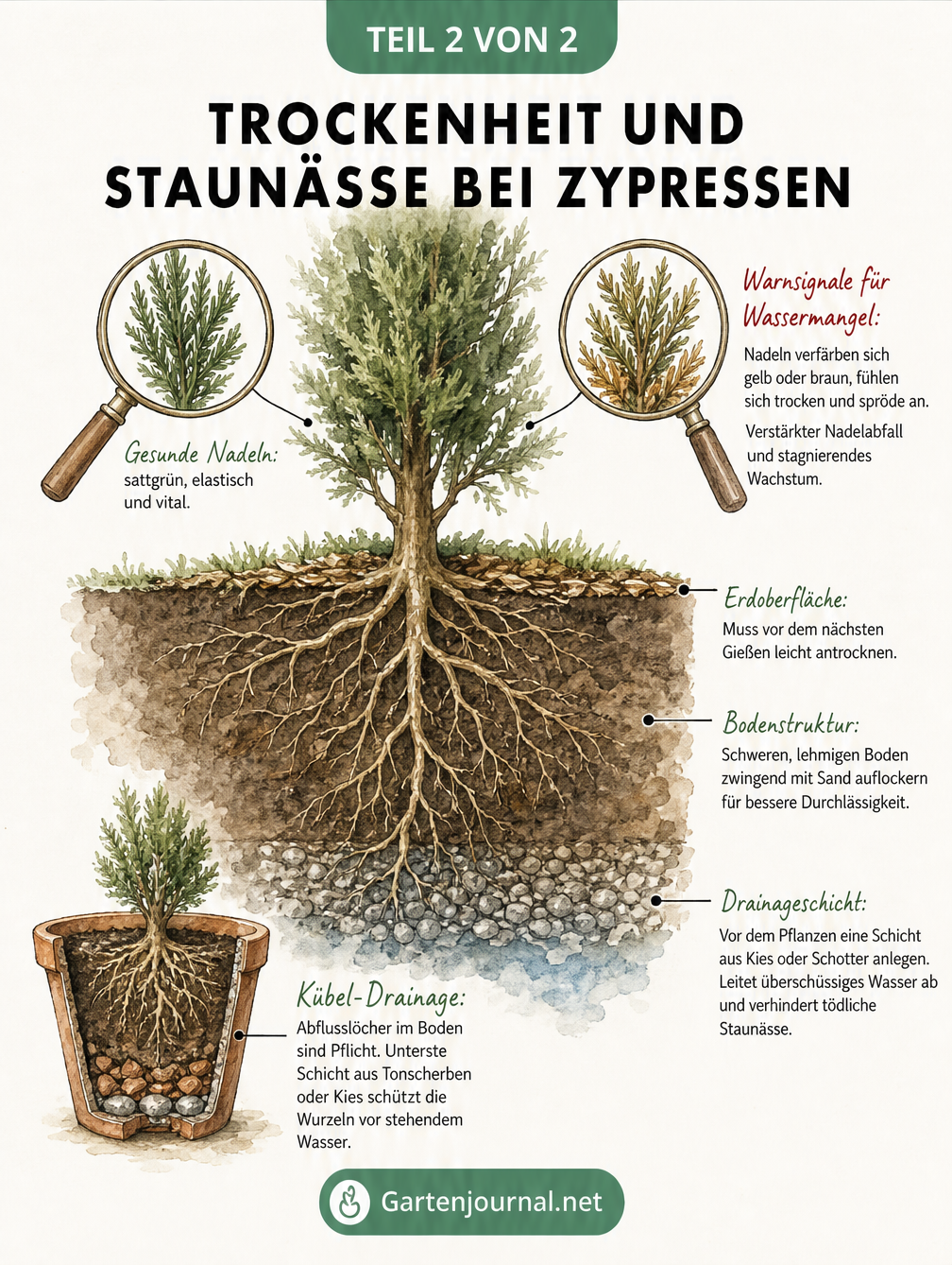 Schnittzeichnung einer Zypresse mit Wurzelbereich und Hinweisen zu Trockenheit und Staunässe