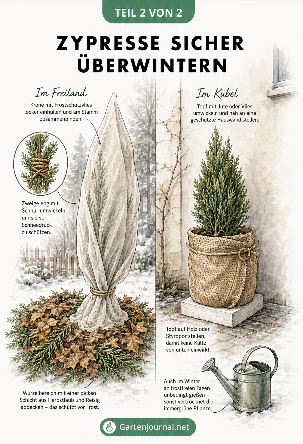 Illustration zum Winterschutz von Zypressen im Freiland und im Kübel mit Frostschutzvlies und Laub