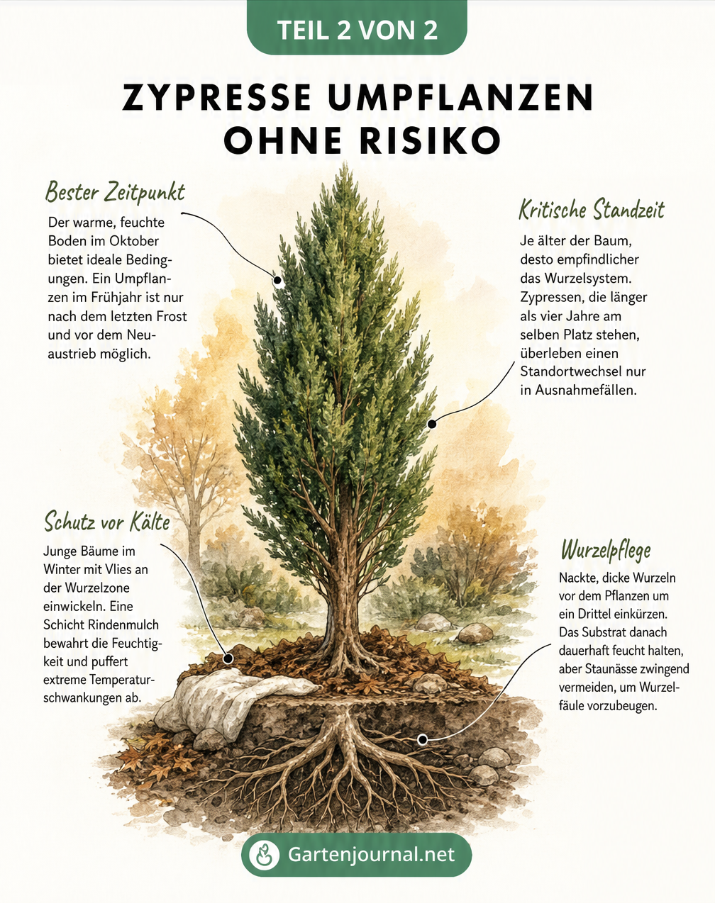 Illustration einer Zypresse mit Hinweisen zu Pflanzzeitpunkt, Standzeit, Winterschutz und Wurzelpflege