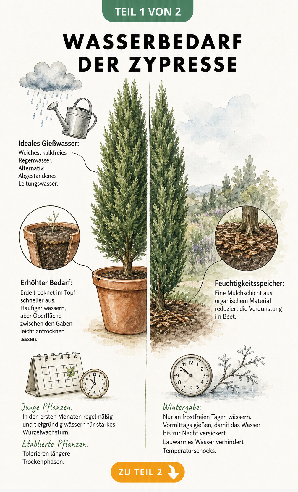 Botanische Illustration einer Zypresse im Kübel und im Freiland mit Hinweisen zum Wasserbedarf
