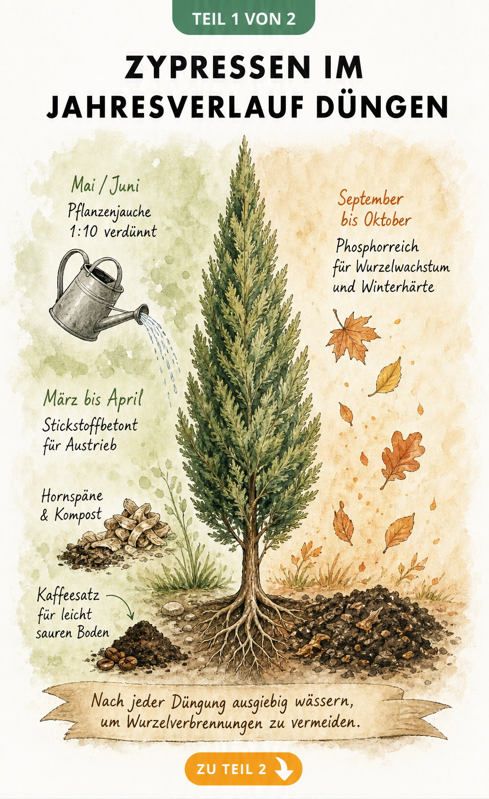 Illustration einer Zypresse, die im Frühjahr mit Hornspänen und Kompost und im Herbst mit phosphorreichem Dünger versorgt wird