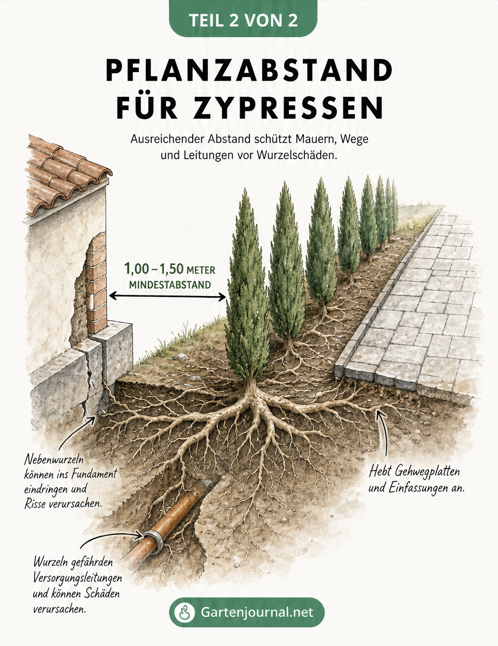 Isometrische Skizze einer Zypressenhecke, die den nötigen Pflanzabstand zu Hausmauern, Fundamenten und Gartenwegen verdeutlicht.