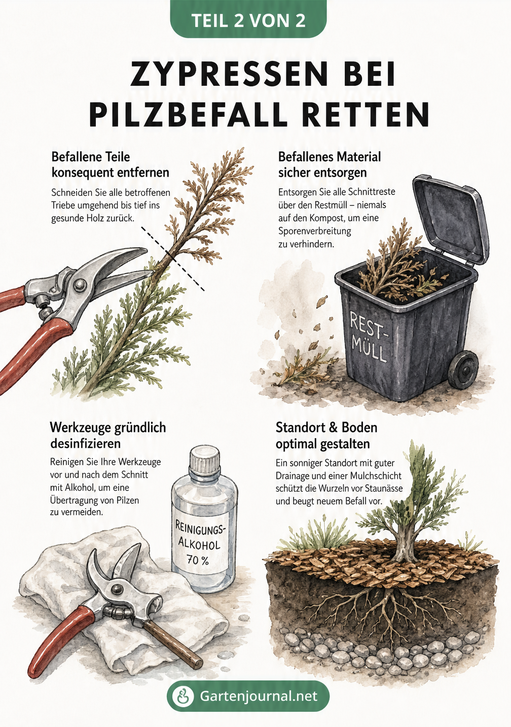 Illustration der Behandlungsschritte bei Zypressen-Pilz: Rückschnitt, Entsorgung, Desinfektion und Drainage