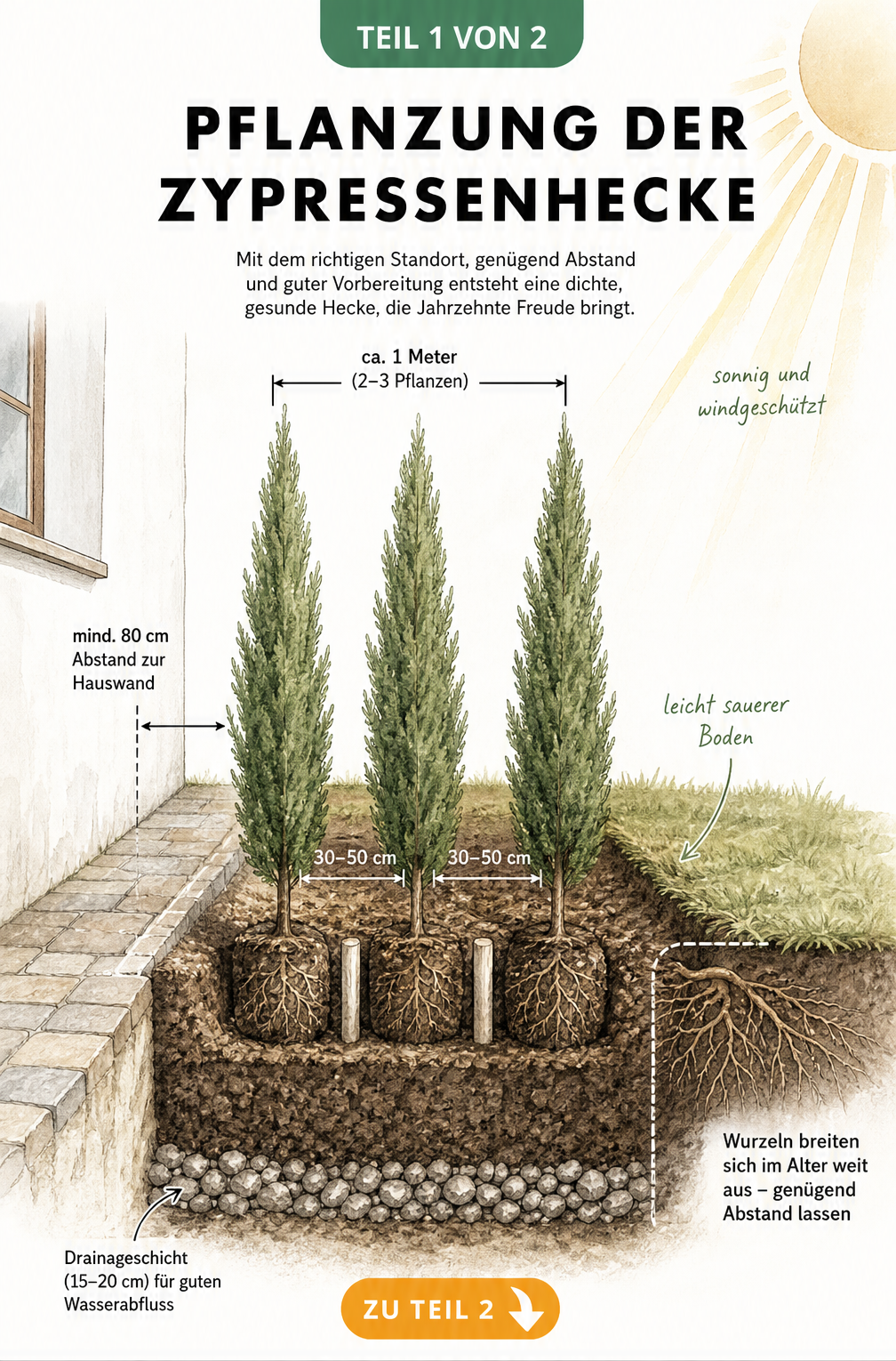 Querschnitt eines Gartenbeets mit Zypressen, das den Pflanzabstand, die Drainageschicht und den sonnigen Standort zeigt.