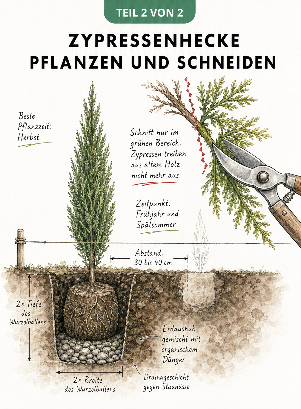 Anleitung zum Pflanzen und Schneiden einer Zypressenhecke mit Pflanzgraben und Schnittzone