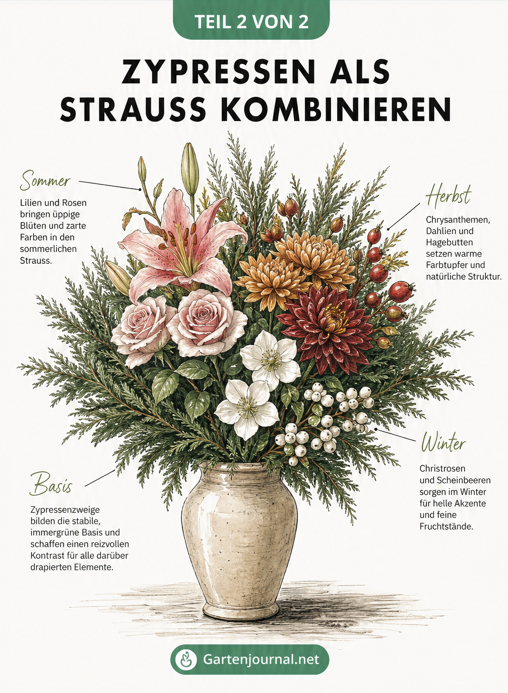 Floristische Skizze eines Blumenstraußes in einer Vase mit Zypressenzweigen als Basis und saisonalen Blüten