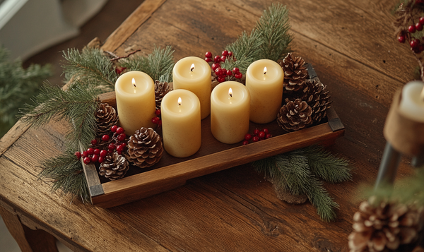 Adventskranz auf einem Tablett oder Holzstück