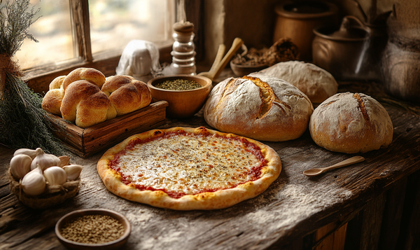 Backwaren und Pizza