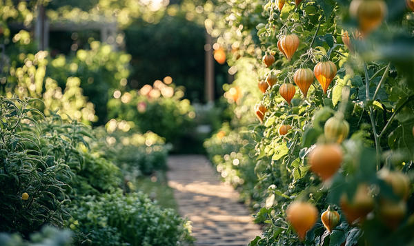 Befestigung der Physalis-Pflanzen an den Stützen