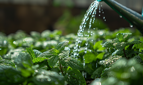 Gießen von Minze im Gartenbeet
