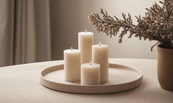 Minimalistischer Adventskranz: Kerzen auf einem Teller