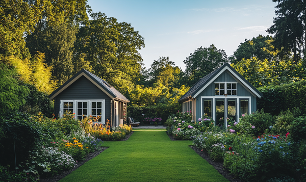Moderne und klassische Gartenhaus-Modelle in Grau-Weiß