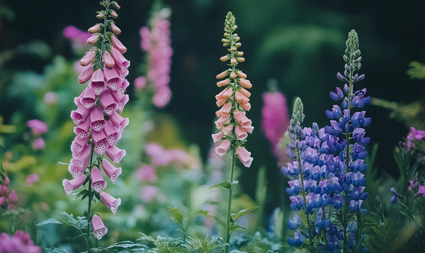 Unterschiedliche Pflanzengattungen: Fingerhut und Lupine