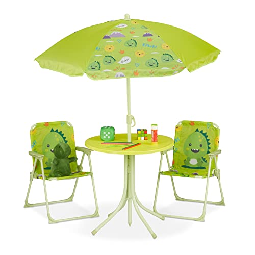Relaxdays Camping Kindersitzgruppe, Kindersitzgarnitur m. Sonnenschirm, Klappstühle & Tisch, Monster Motiv, Garten, grün