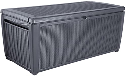 Keter Sumatra Auflagenbox, Kissenbox für draußen, 511 L, wetterfest, Deckel mit Gasdruckfeder, Außenmaße:145x73x64 cm, Sitzgelegenheit für 2 Personen, Graphit