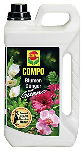 COMPO Blumendünger mit Guano für alle Zimmerpflanzen, Balkonpflanzen und Terrassenpflanzen, Spezial-Flüssigdünger, 5 Liter
