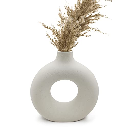 Pevfeciy Donut vase weiß Keramik Vase Moderne Kunst Runde Form Vase-23cm/9 Zoll hoch Vase mit Loch Trockenblumen Handmade Vasen für Dekoration und Geschenk