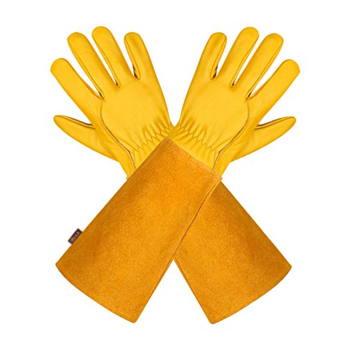 isilila Gartenhandschuhe aus Leder für Damen und Herren atmungsaktive Rosen-Handschuhe mit Dornschutzhandschuh, Lange Rindslederärmel, Gartenarbeitshandschuhe für Gärtner und Bauern, gelb
