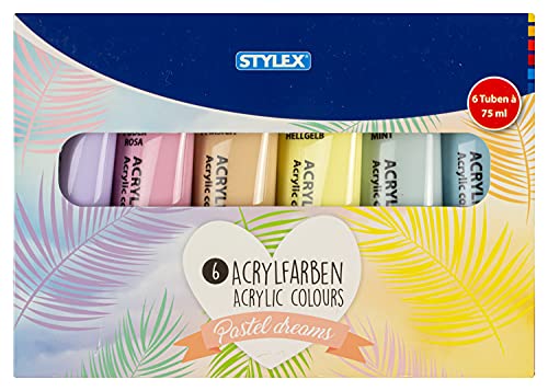 Stylex 28629 - Pastell Acrylfarben im Set, 6 Tuben á 75 ml, auf Wasserbasis hergestellt, matt, hohe Deck- und Farbkraft, lichtbeständig, schnelltrocknend und wasserfest