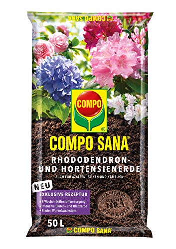 COMPO SANA Rhododendron- und Hortensienerde mit 8 Wochen Dünger für alle Azaleen, Eriken, Kamelien und Hortensien, Kultursubstrat, 50 Liter, Braun