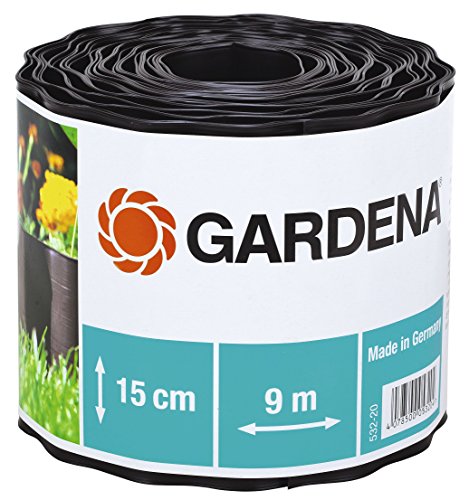 Gardena Raseneinfassung 15 cm hoch: Ideale Rasen-Abgrenzung, auch für Beete, 9 m, verhindert Wurzelausbreitung, Kunststoff, braun (532-20)