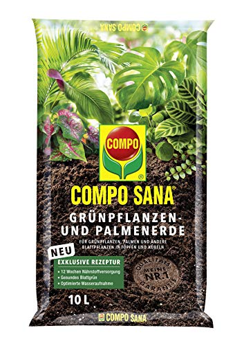 COMPO SANA Grünpflanzen- und Palmenerde mit 12 Wochen Dünger für alle Zimmer- und Balkonpflanzen sowie Palmen und Farne, Kultursubstrat, 10 Liter, Braun
