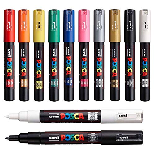 Uni Posca pc-1 m Paint Pen Art Marker Stift – Professionelle 12 Pen Set – Extra Schwarz + Weiß