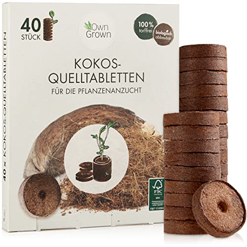 Kokos Quelltabletten mit Nährstoffen – 40 Stück, Kokoserde gepresst zur Pflanzen Anzucht ohne Pikieren, torffrei – Anzucht Erde Kokos von OwnGrown