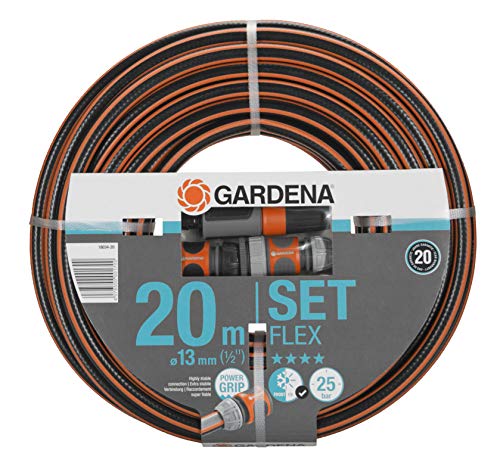 Gardena Comfort FLEX Schlauch 13 mm (1/2 Zoll), 20 m mit Systemteilen: Formstabiler, flexibler Gartenschlauch mit Power-Grip-Profil, aus hochwertigem Spiralgewebe, 25 bar Berstdruck (18034-20) Schwarz