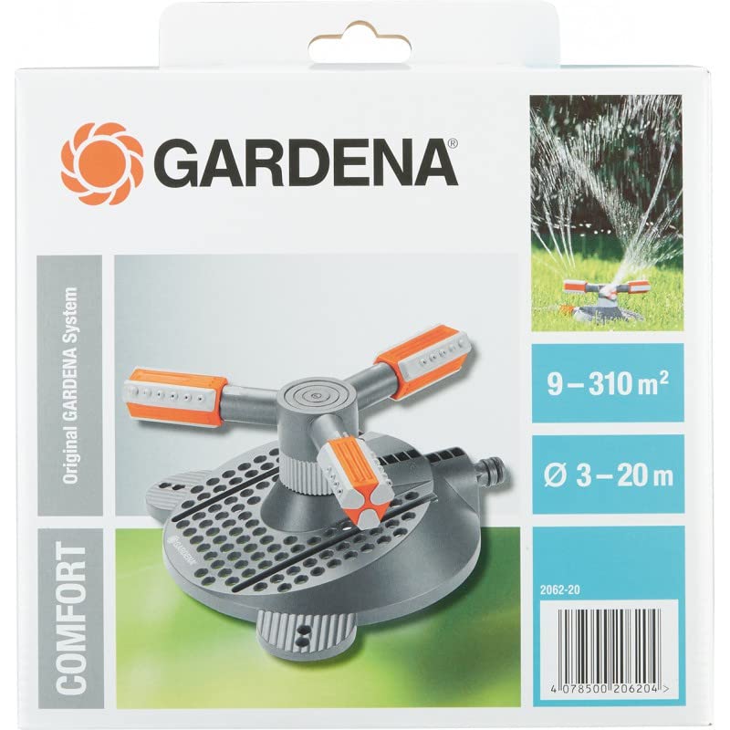 Gardena Comfort Kreisregner Mambo: Rasensprenger für gleichmäßige Bewässerung durch drehbare Düsenköpfe, für Flächen bis max. 310m², mit integr. Schmutzsieb, max. Sprengbereich 20 m (2062-20)