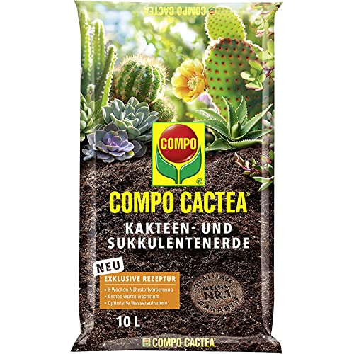 COMPO CACTEA Kakteenerde und Sukkulentenerde mit 8 Wochen Dünger für alle Kakteenarten und dickblättrige Pflanzen, Kultursubstrat, 10 Liter