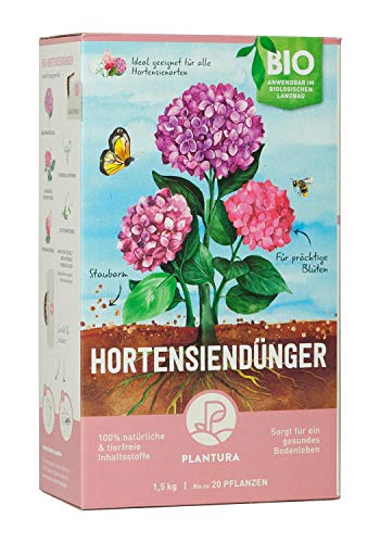 Plantura Bio Hortensiendünger mit 3 Monaten Langzeitwirkung, 1,5 kg für prächtige Hortensien in Beet & Topf, Bio-Qualität, gut für den Boden, unbedenklich für Haus- & Gartentiere