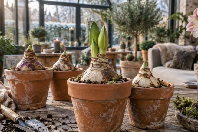 Mehrere Amaryllis-Zwiebeln in Tontöpfen auf einem rustikalen Holztisch in einem hellen Wintergarten.