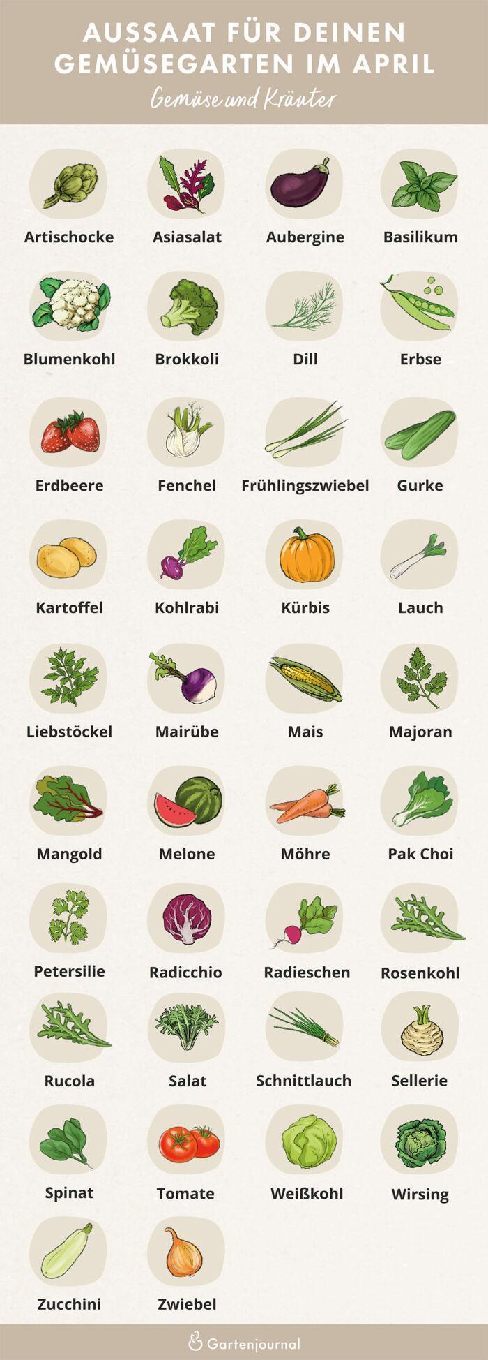 Illustrierter Gartenkalender der zeigt, welche Gemüse und Kräuter im April ausgesät werden