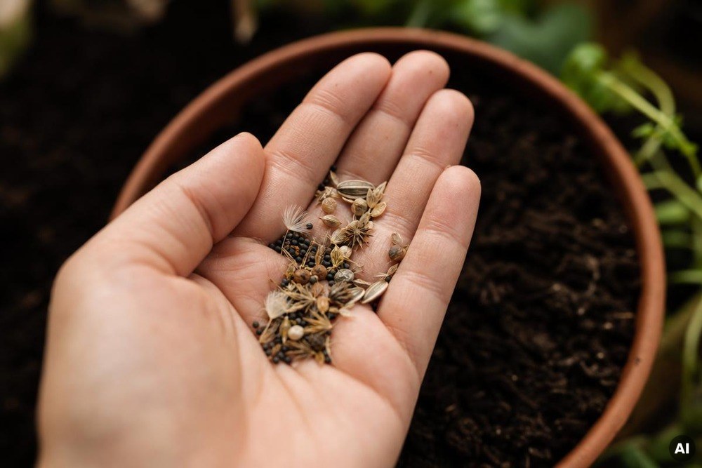 Frische Samen von zweijährigen Blumen und Kräutern in der Hand eines Gärtners