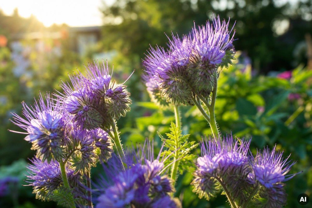 Blühende Phacelia auf einem abgeernteten Beet im Spätsommer