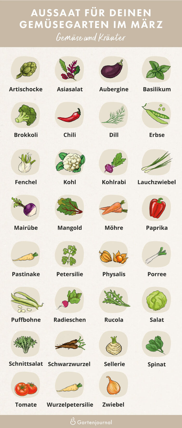 Illustratierter Gartenkalender der zeigt, welche Gemüse und Kräuter im Märzausgesät werden