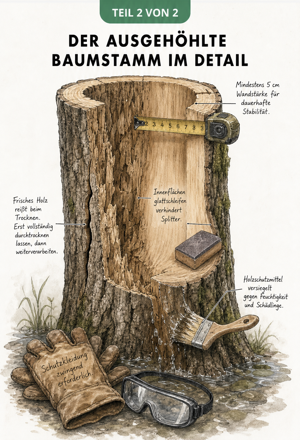Schnittmodell eines ausgehöhlten Baumstamms mit Hinweisen zu Wandstärke, Schleifen, Trocknung und Holzschutz