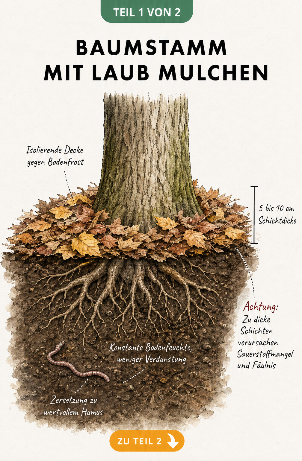 Botanische Illustration eines Baumstamms mit einer 5 bis 10 cm dicken Laubschicht als Mulch