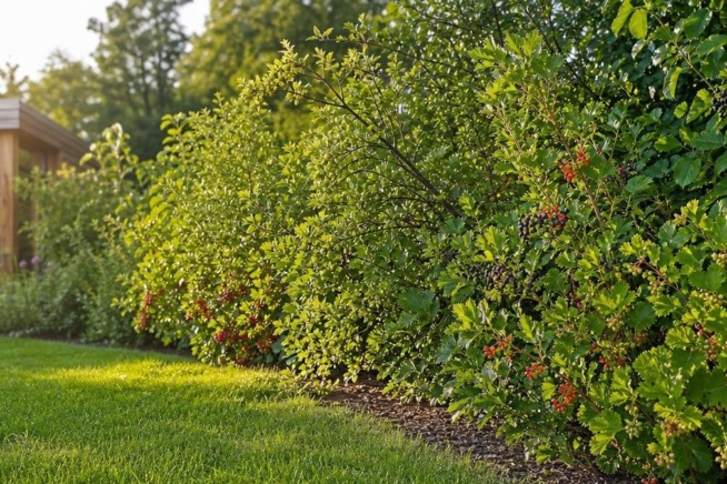 Eine blühende und fruchttragende Beerenhecke in einem gepflegten europäischen Garten