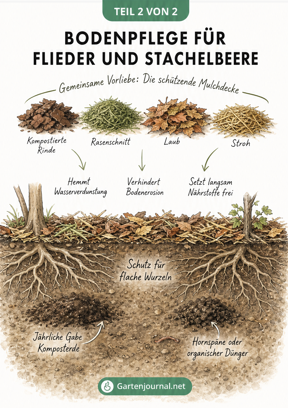 Detailansicht der Bodenpflege für Flieder und Stachelbeere mit Mulchschicht, flachen Wurzeln und organischem Dünger