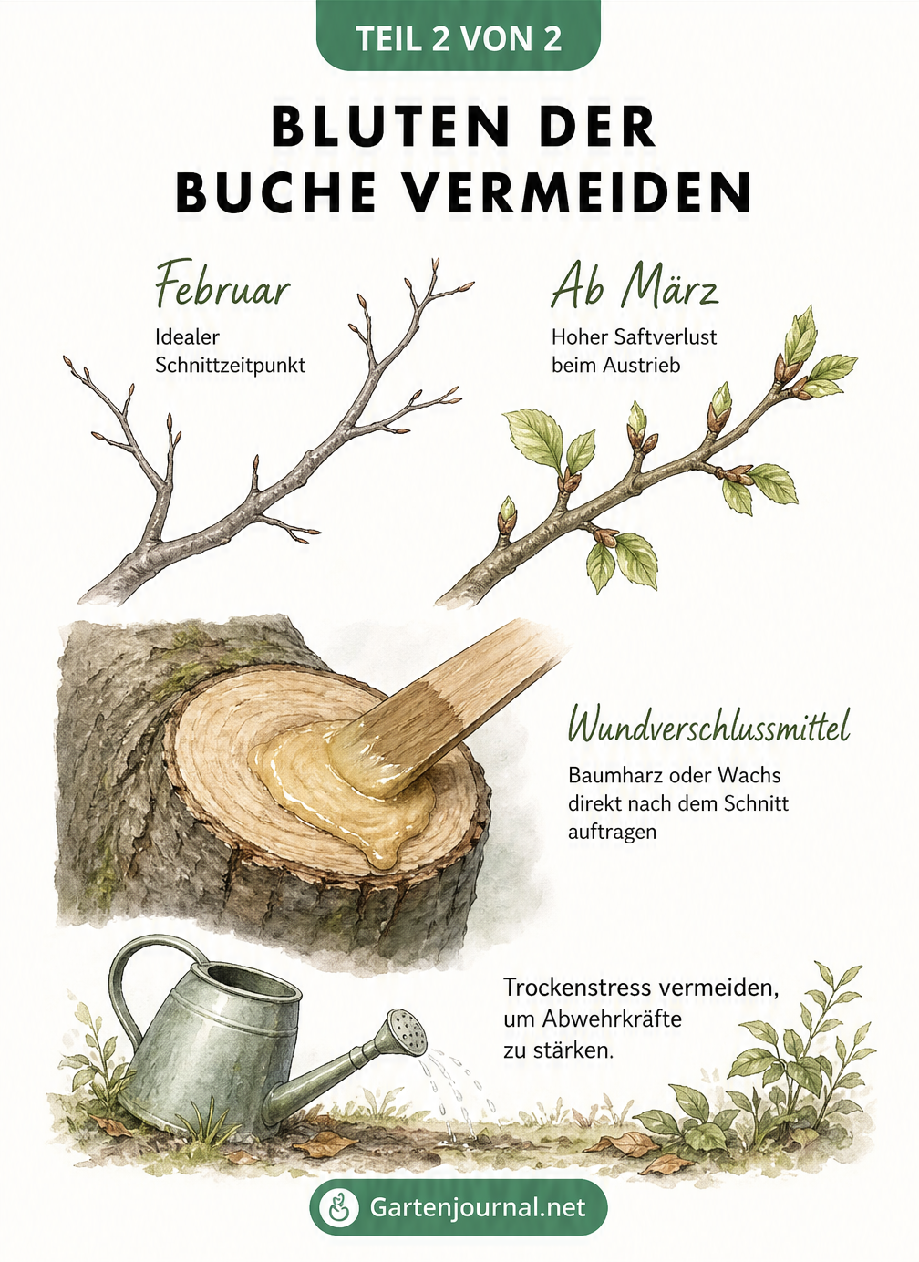Skizze zur Vermeidung von Buchen-Bluten mit idealem Schnittzeitpunkt im Februar und der Anwendung von Wundverschlussmittel.