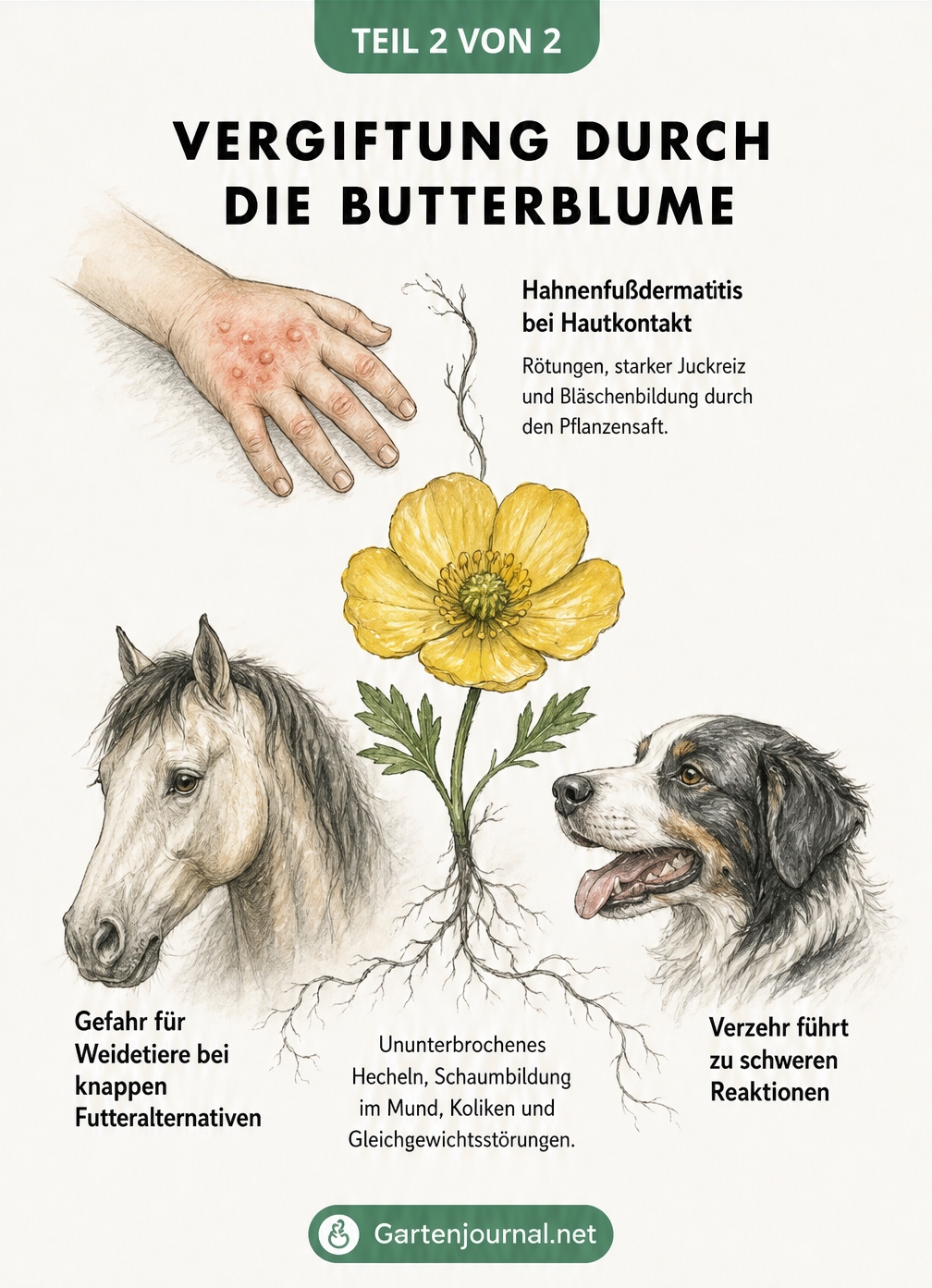 Zeichnung einer Butterblume mit Linien zu einer geröteten Hand, einem Pferd und einem Hund zur Erklärung von Vergiftungssymptomen