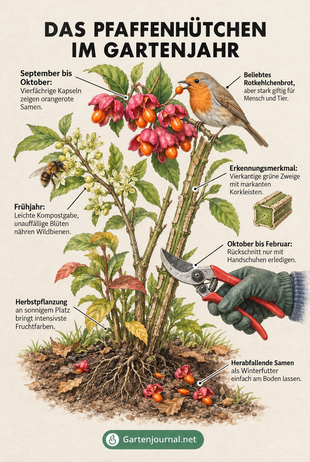 Infografik: Das Pfaffenhütchen im Gartenjahr