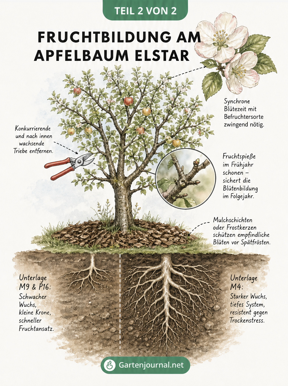 Anatomische Zeichnung eines Elstar-Apfelbaums, die Wurzeltypen, Schnittmaßnahmen an der Krone und den Schutz der Blüten vor Frost zeigt.