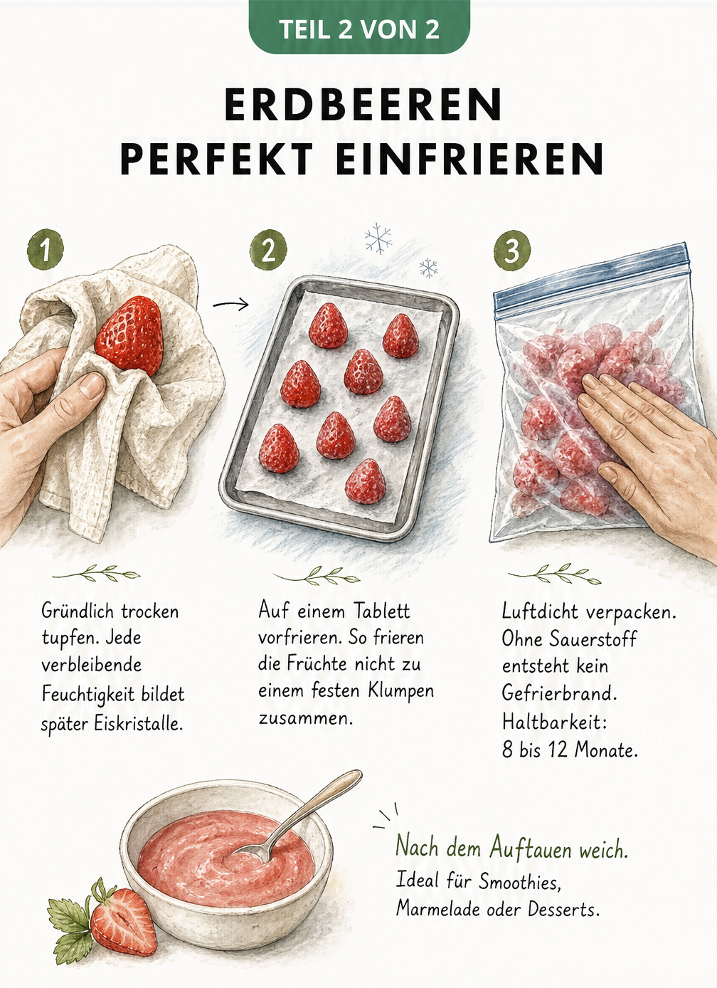Illustration der drei Schritte zum perfekten Einfrieren von Erdbeeren